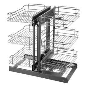 Min 15"W Opening Blind Corner Pull Out Organizer, 3 Tier 6 Shelf Kitchen Cabinet Organizer, Chrome Carbon Steel Storage Basket