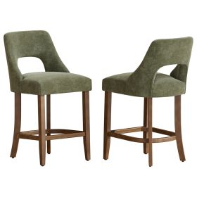Cutout Back Counter Height Bar Stools Set of 2, Mid Century Chenille Upholstered Kitchen Island Stools with Solid Rubberwood Legs (Option: 2Pcs_Green)