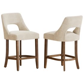 Cutout Back Counter Height Bar Stools Set of 2, Mid Century Chenille Upholstered Kitchen Island Stools with Solid Rubberwood Legs (Option: 2Pcs_Beige)