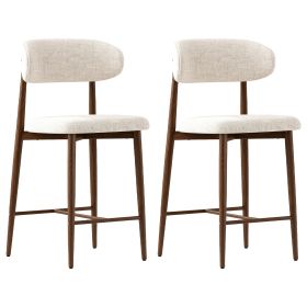 Set of 2 Modern Counter Height Bar Stools, Upholstered Linen Counter Stools with Curved Backrest Metal Legs for Kitchen Island (Option: 2Pcs_Walnut)