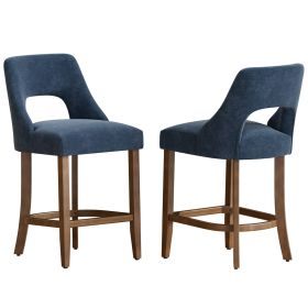 Cutout Back Counter Height Bar Stools Set of 2, Mid Century Chenille Upholstered Kitchen Island Stools with Solid Rubberwood Legs (Option: 2Pcs_Navy)